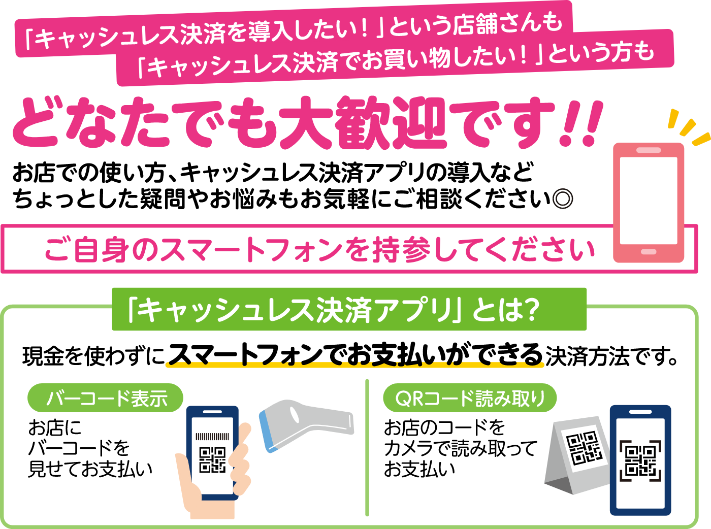 「キャッシュレス決済を導入したい！」という店舗さんも「キャッシュレス決済でお買い物したい！」という方もどなたでも大歓迎です！！お店での使い方、キャッシュレス決済アプリの導入などちょっとした疑問やお悩みもお気軽にご相談ください。ご指針のスマートフォンを持参してください。「キャッシュレス決済アプリ」とは？現金を使わずにスマートフォンでお支払いができる決済方法です。