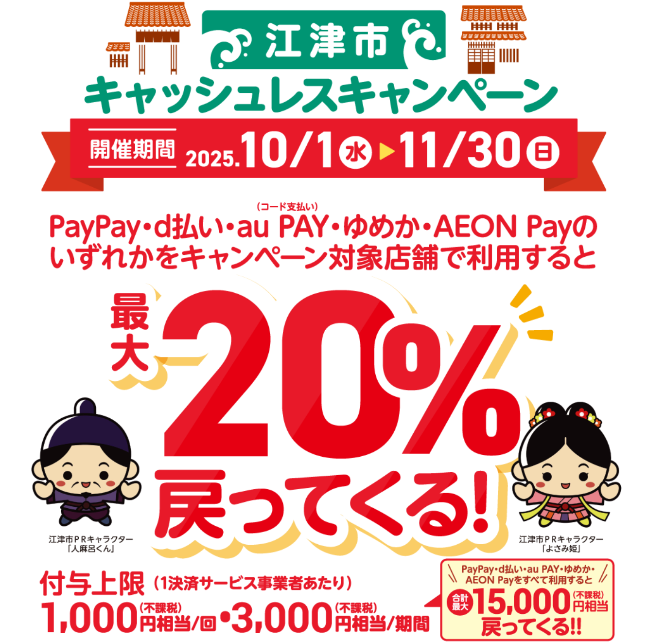 江津市キャッシュレスキャンペーン【開催期間：2025年10月1日（水）〜11月30日（日）】PayPay・d払い・au PAY（コード支払い）・ゆめか・AEON Payのいずれかをキャンペーン対象店舗で利用すると最大20％戻ってくる！ 付与上限（1決済サービス事業者あたり）1,000円相当／回（付加税）・3,000円相当／期間（付課税） PayPay・d払い・au PAY・ゆめか・AEON Payをすべて利用すると合計最大15,000円相当（付加税）戻ってくる!!